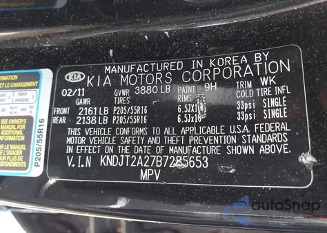 2011 Kia Soul + from USA, damaged, VIN KNDJT2A27B7285653